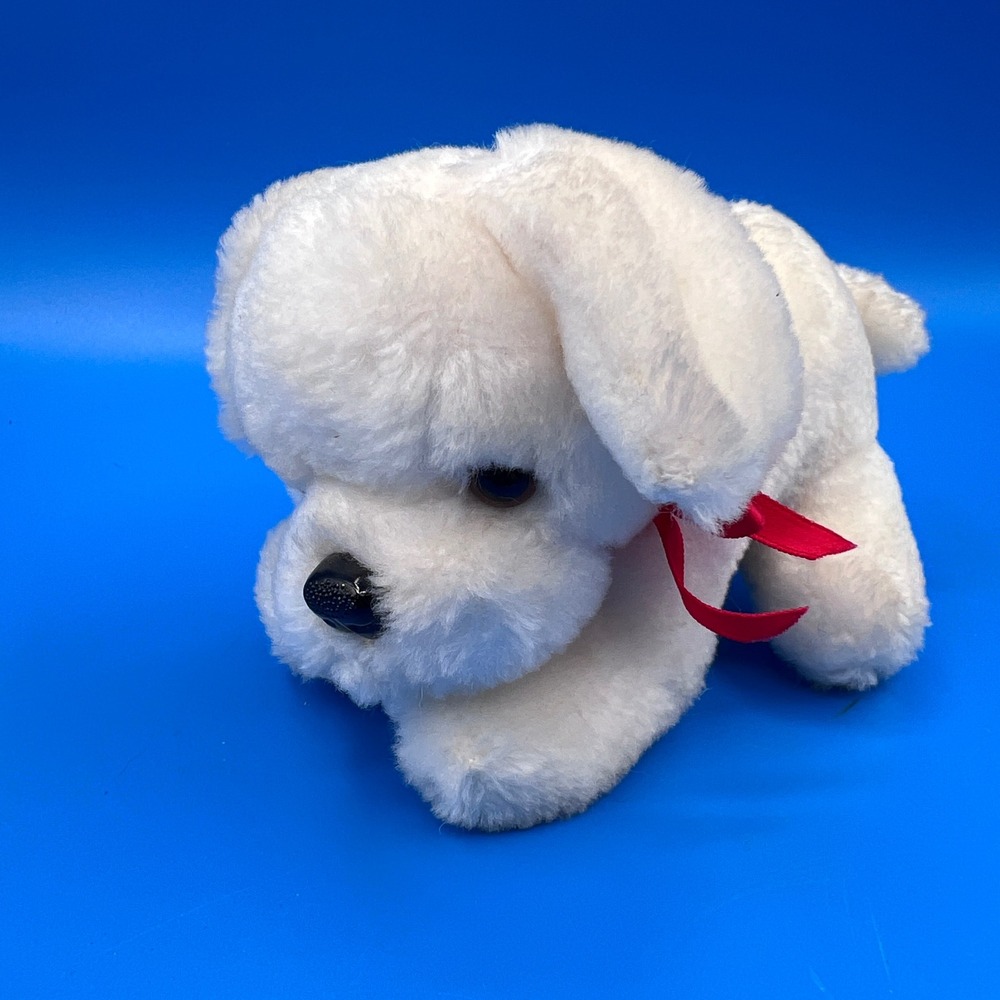 Russ Berrie White Puppy Plush Dog Red Ribbon Stuffed Animal Vintage 6 inch